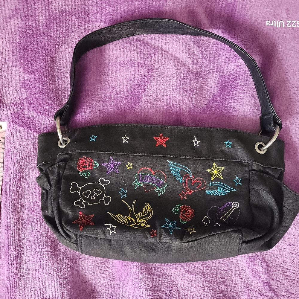 Embroidered Tattoo Inspired Black Cotton Hand Bag
